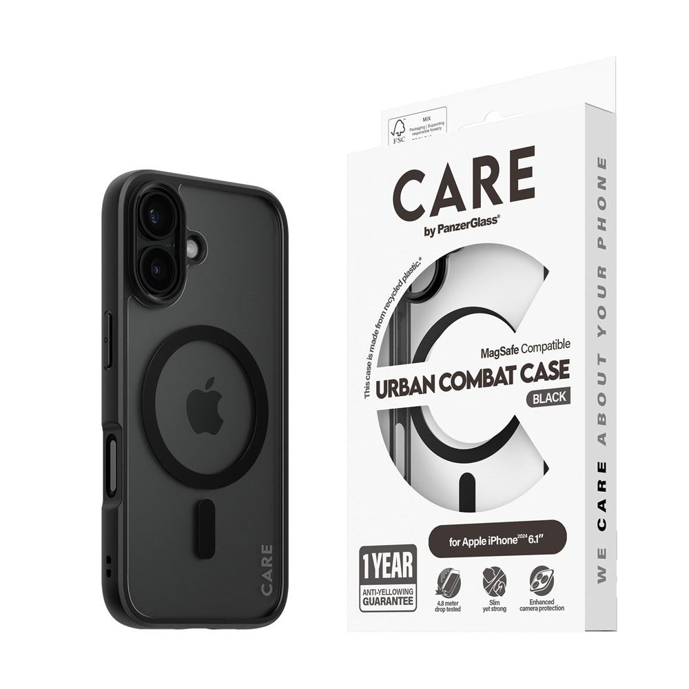 CARE by PanzerGlass iPhone 16 FLAGSHIP Urban Combat-deksel - MagSafe-kompatibel - Gjennomsiktig / svart ramme
