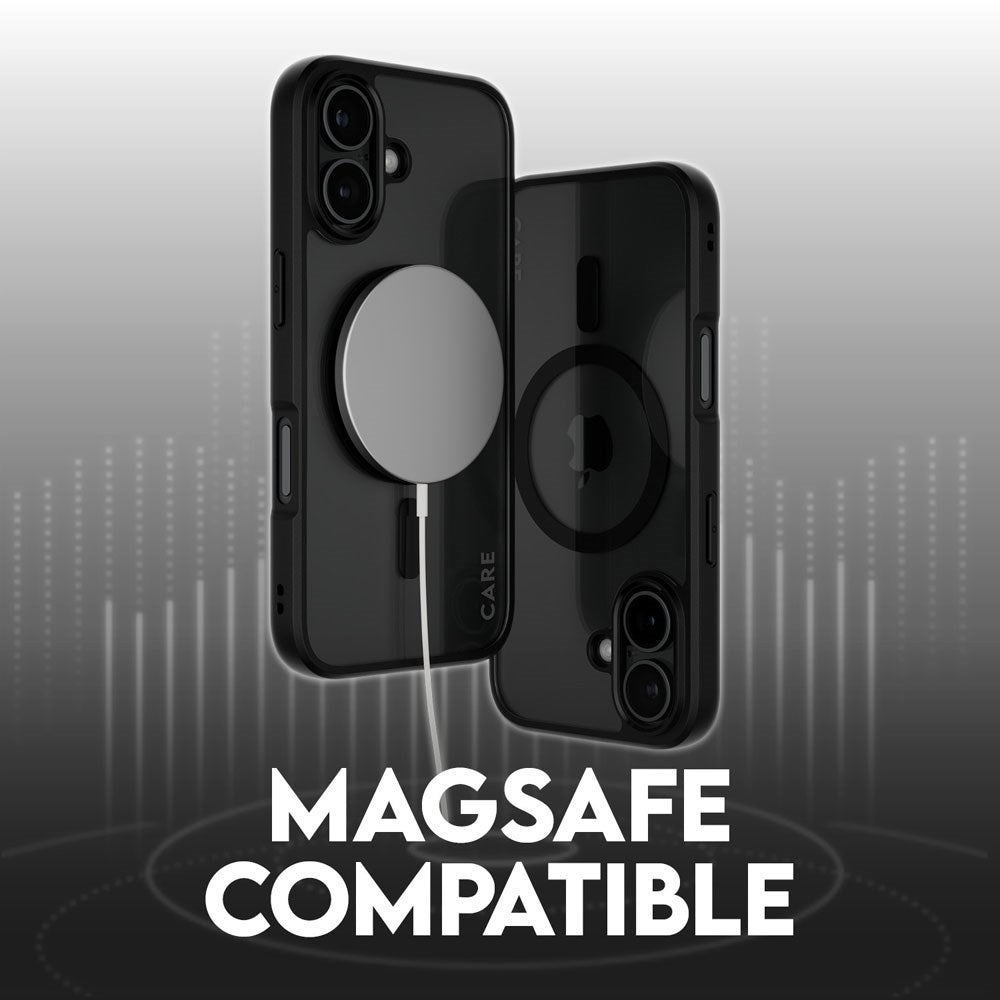 CARE by PanzerGlass iPhone 16 FLAGSHIP Urban Combat-deksel - MagSafe-kompatibel - Gjennomsiktig / svart ramme