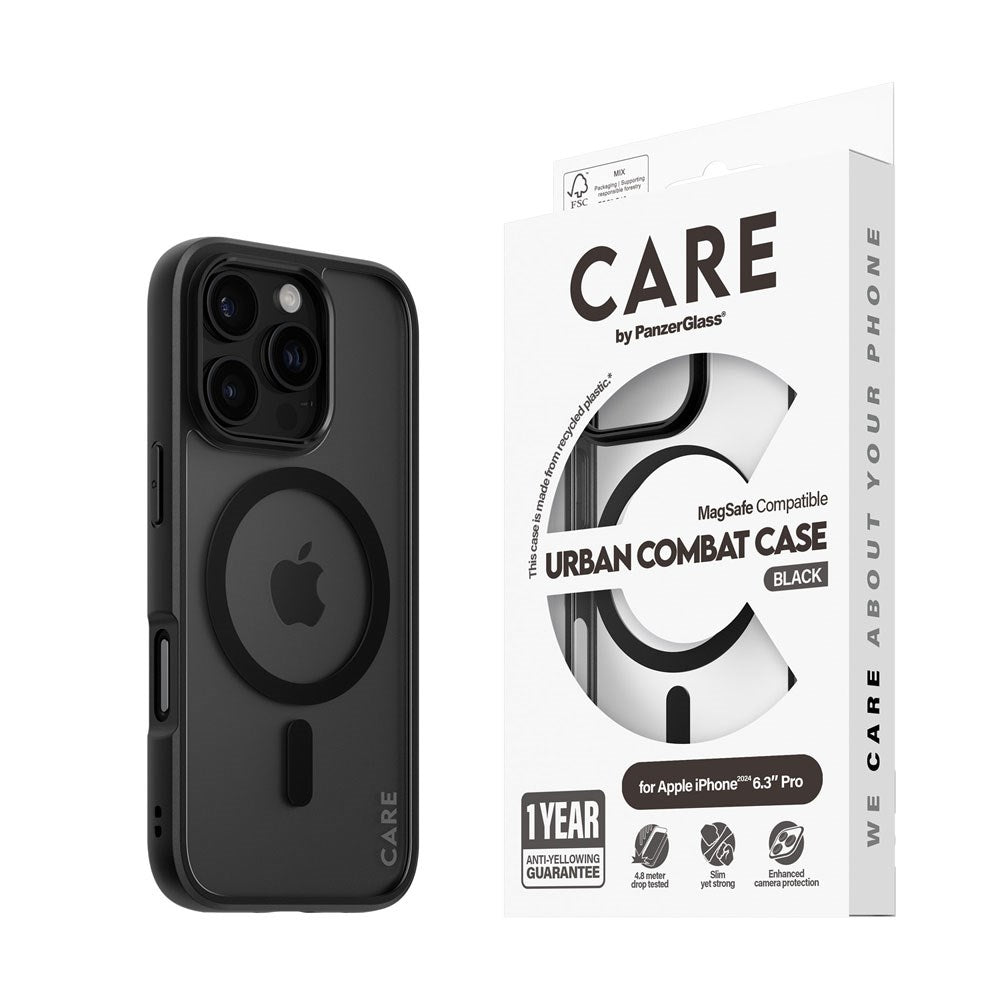 CARE by PanzerGlass iPhone 16 Pro FLAGSHIP Urban Combat-deksel - MagSafe-kompatibel - Gjennomsiktig / svart ramme