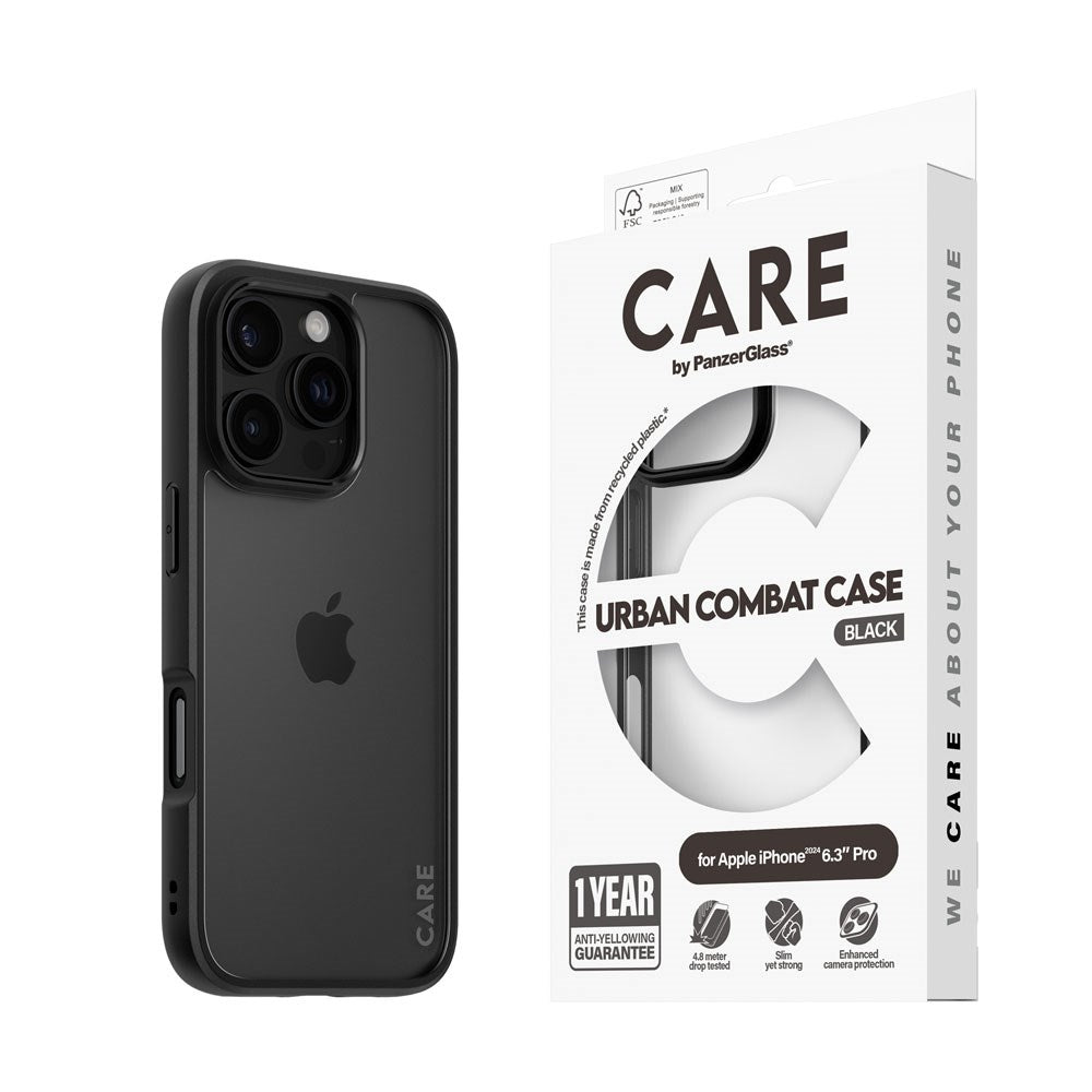 CARE by PanzerGlass iPhone 16 Pro FLAGSHIP Urban Combat-deksel - gjennomsiktig / svart ramme