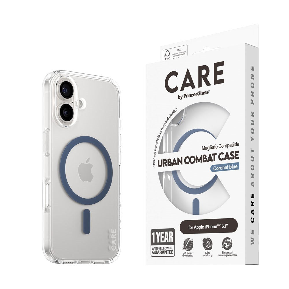 CARE by PanzerGlass iPhone 16 FLAGSHIP Urban Combat-deksel - MagSafe-kompatibel - Gjennomsiktig / Coronet Blue