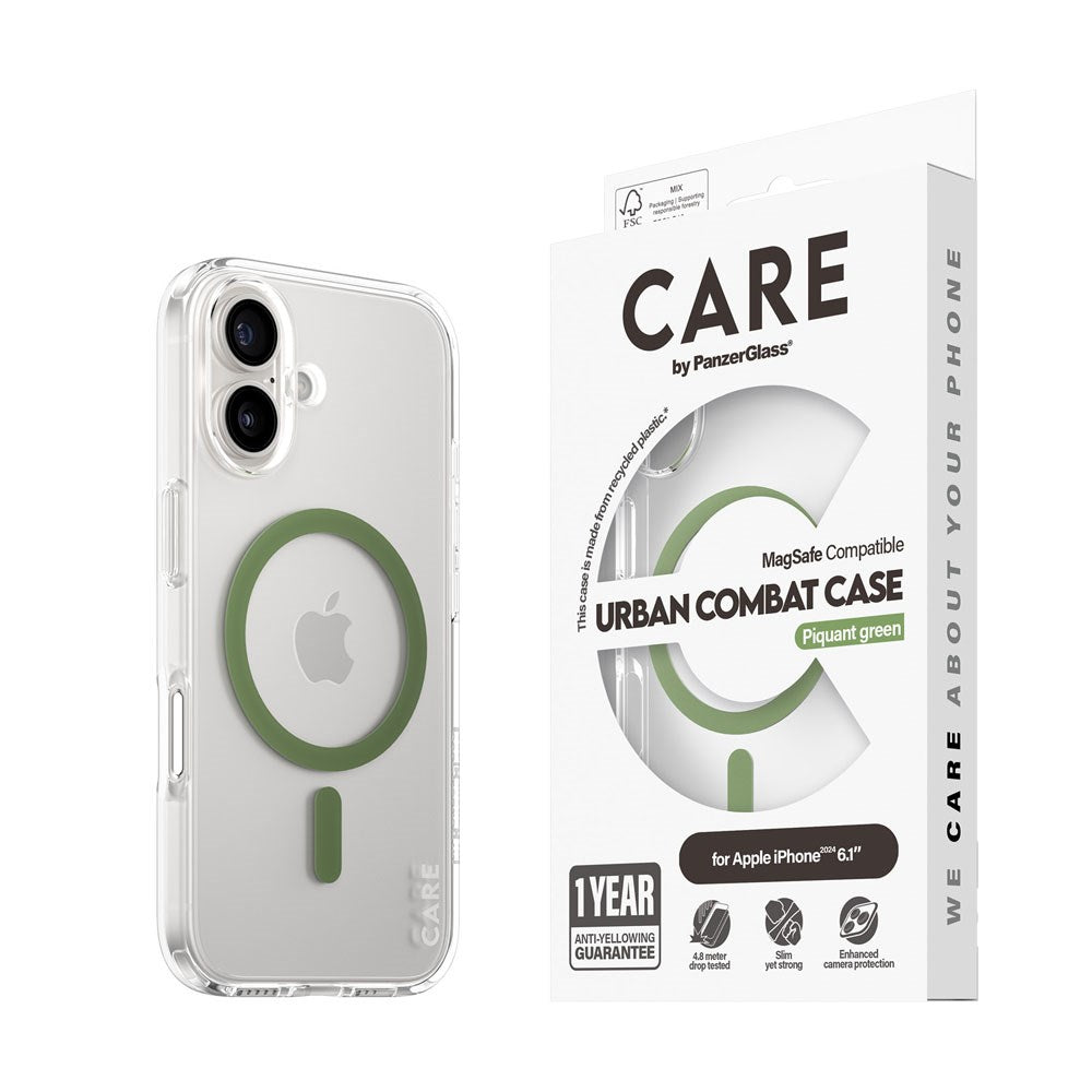 CARE by PanzerGlass iPhone 16 FLAGSHIP Urban Combat-deksel - MagSafe-kompatibel - Gjennomsiktig / Pikant grønn