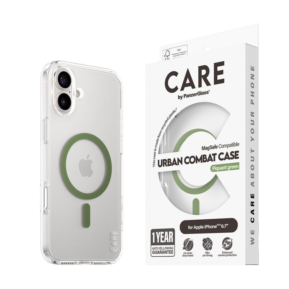 CARE by PanzerGlass iPhone 16 Plus FLAGSHIP Urban Combat-deksel - MagSafe-kompatibel - Gjennomsiktig / Pikant grønn