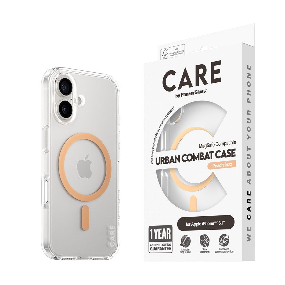 CARE by PanzerGlass iPhone 16 FLAGSHIP Urban Combat-deksel - MagSafe-kompatibel - Gjennomsiktig / Peach Fuzz