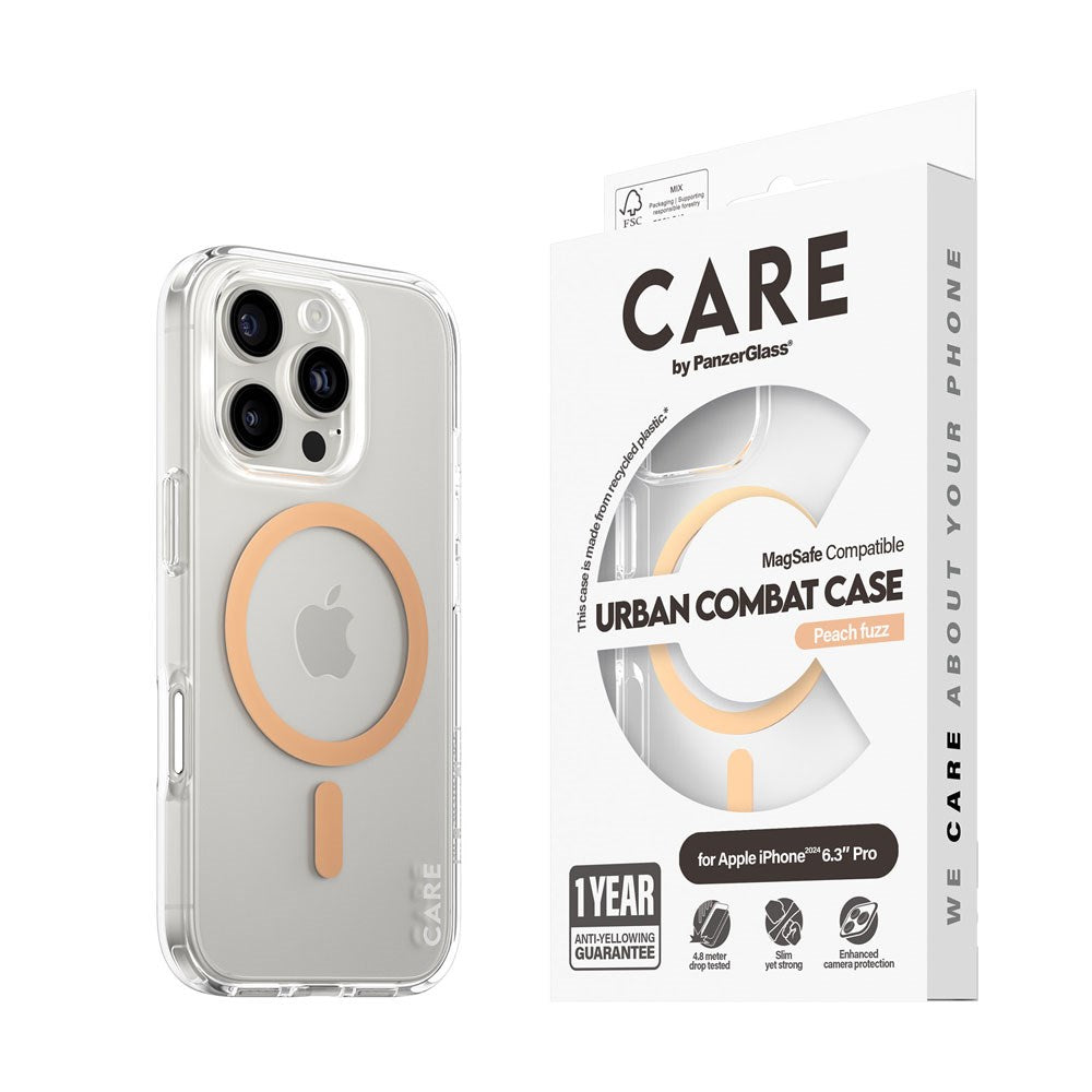 CARE by PanzerGlass iPhone 16 Pro FLAGSHIP Urban Combat-deksel - MagSafe-kompatibel - Gjennomsiktig / Peach Fuzz