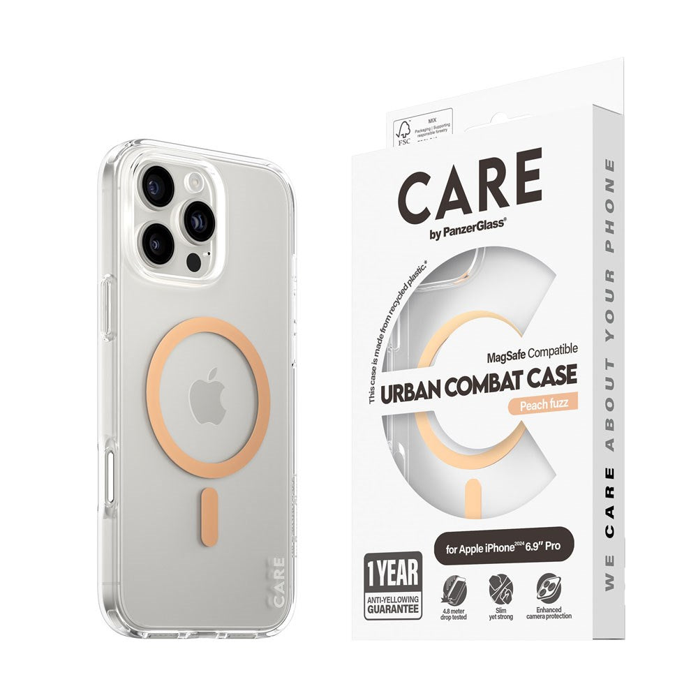 CARE by PanzerGlass iPhone 16 Pro Max FLAGSHIP Urban Combat-deksel - MagSafe-kompatibel - Gjennomsiktig / Peach Fuzz