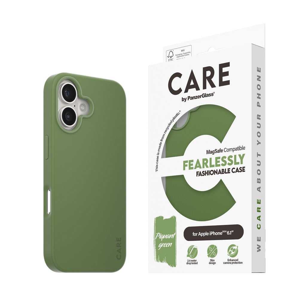 CARE by PanzerGlass iPhone 16 FASHION Fryktløst fasjonabelt deksel - MagSafe-kompatibelt - Piquant Green