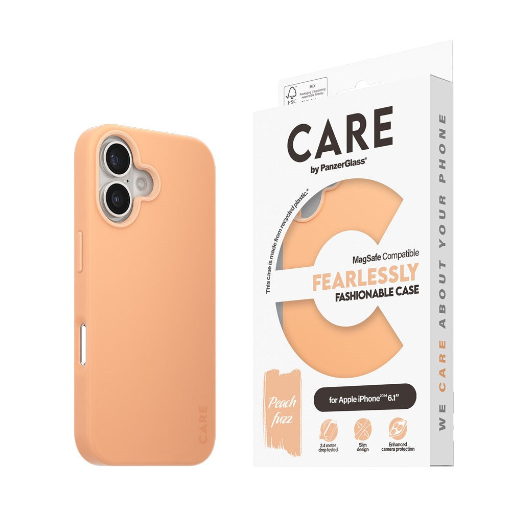 CARE by PanzerGlass iPhone 16 FASHION Fryktløst fasjonabelt deksel - MagSafe-kompatibel - Peach Fuzz