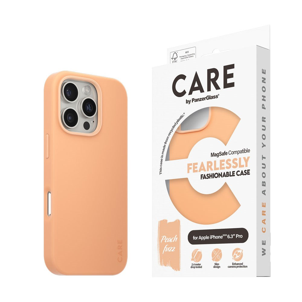 CARE by PanzerGlass iPhone 16 Pro FASHION Fryktløst fasjonabelt deksel - MagSafe-kompatibel - Peach Fuzz