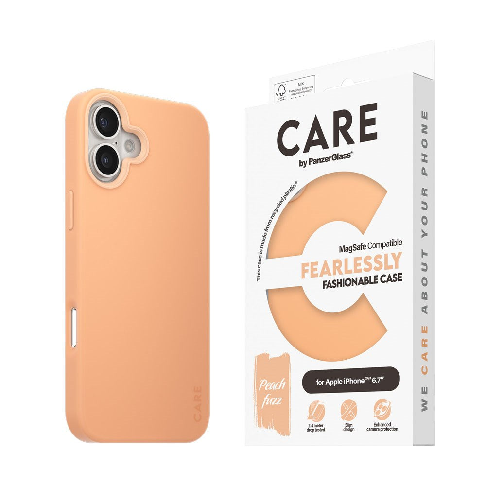 CARE by PanzerGlass iPhone 16 Plus FASHION Fryktløst fasjonabelt deksel - MagSafe-kompatibel - Peach Fuzz