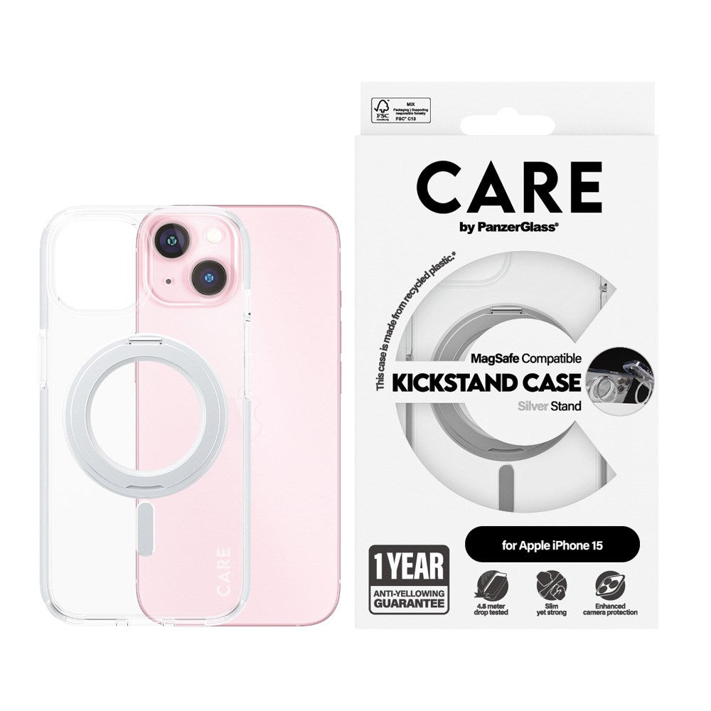 CARE by PanzerGlass iPhone 15 Feature Kickstand Cover - MagSafe-kompatibel - Gjennomsiktig / Sølv