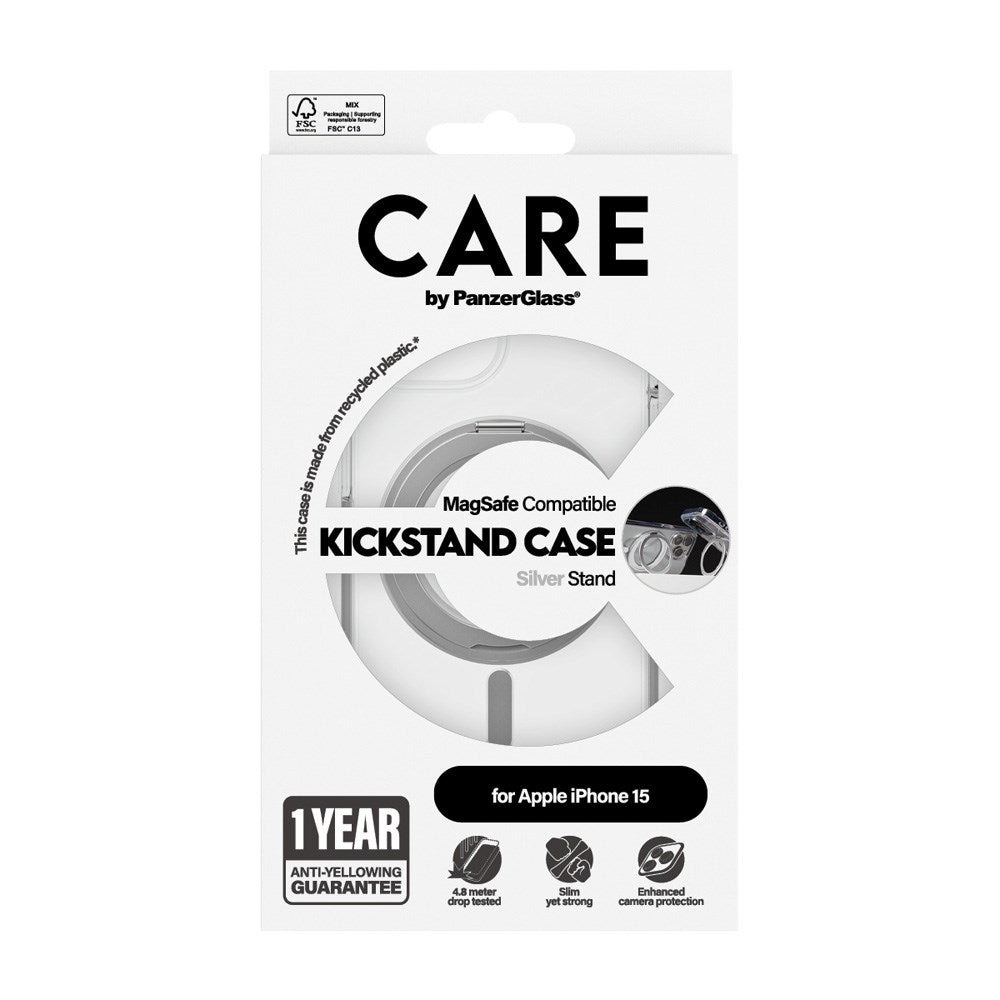 CARE by PanzerGlass iPhone 15 Feature Kickstand Cover - MagSafe-kompatibel - Gjennomsiktig / Sølv