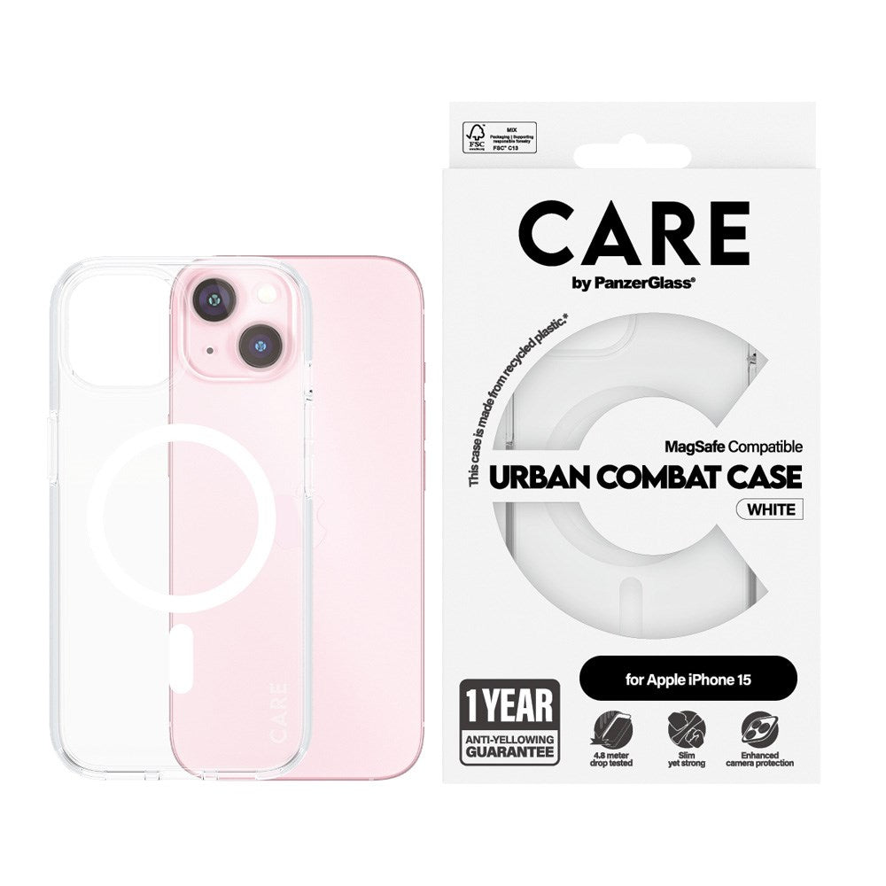 CARE by PanzerGlass iPhone 15 FLAGSHIP Urban Combat Cover - MagSafe Kompatibel - Transparent / White