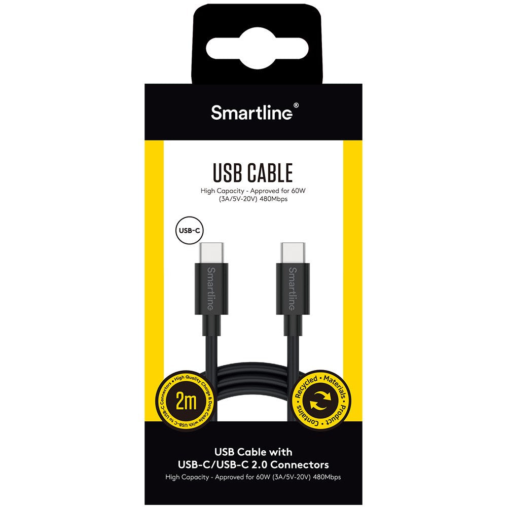 Smartline USB-C til USB-C-kabel (3A/60W) - 2 m. - Svart