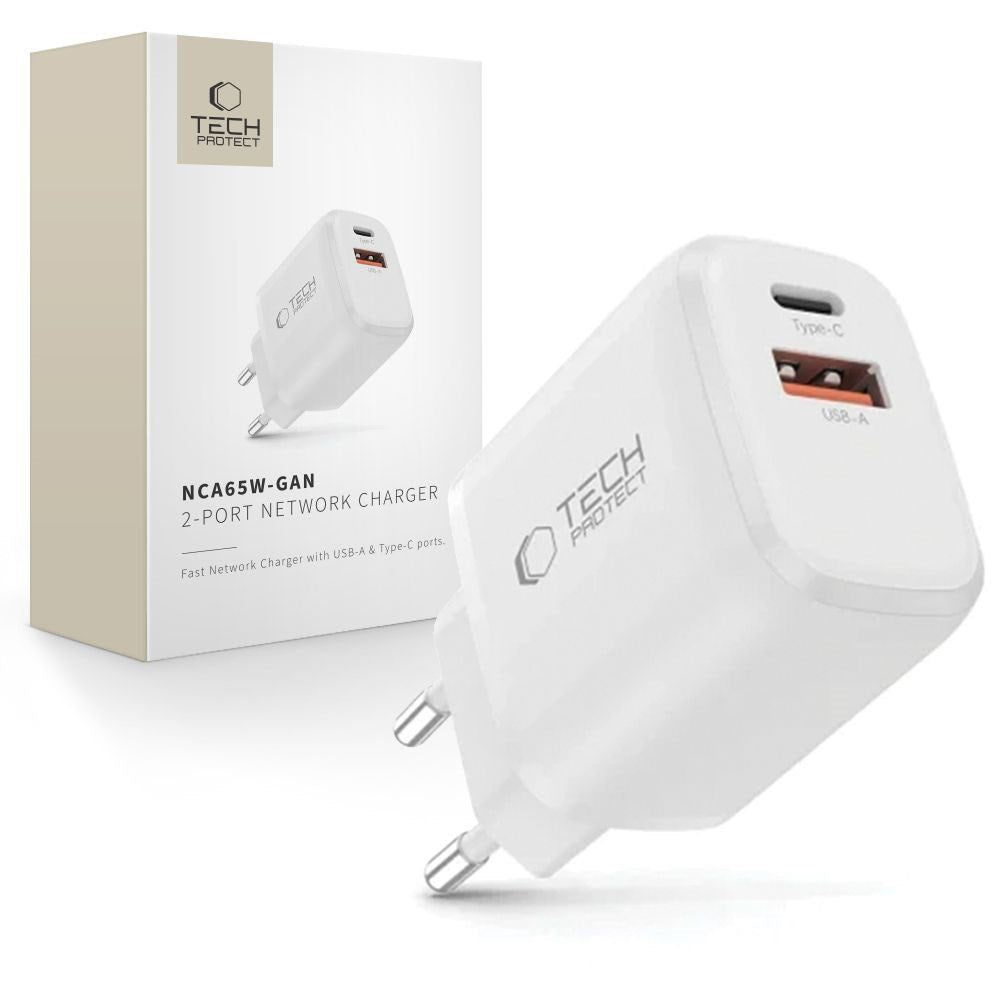 Tech-Protect Vægoplader m. 1x USB-C & 1x USB-A - 65W - Hvid