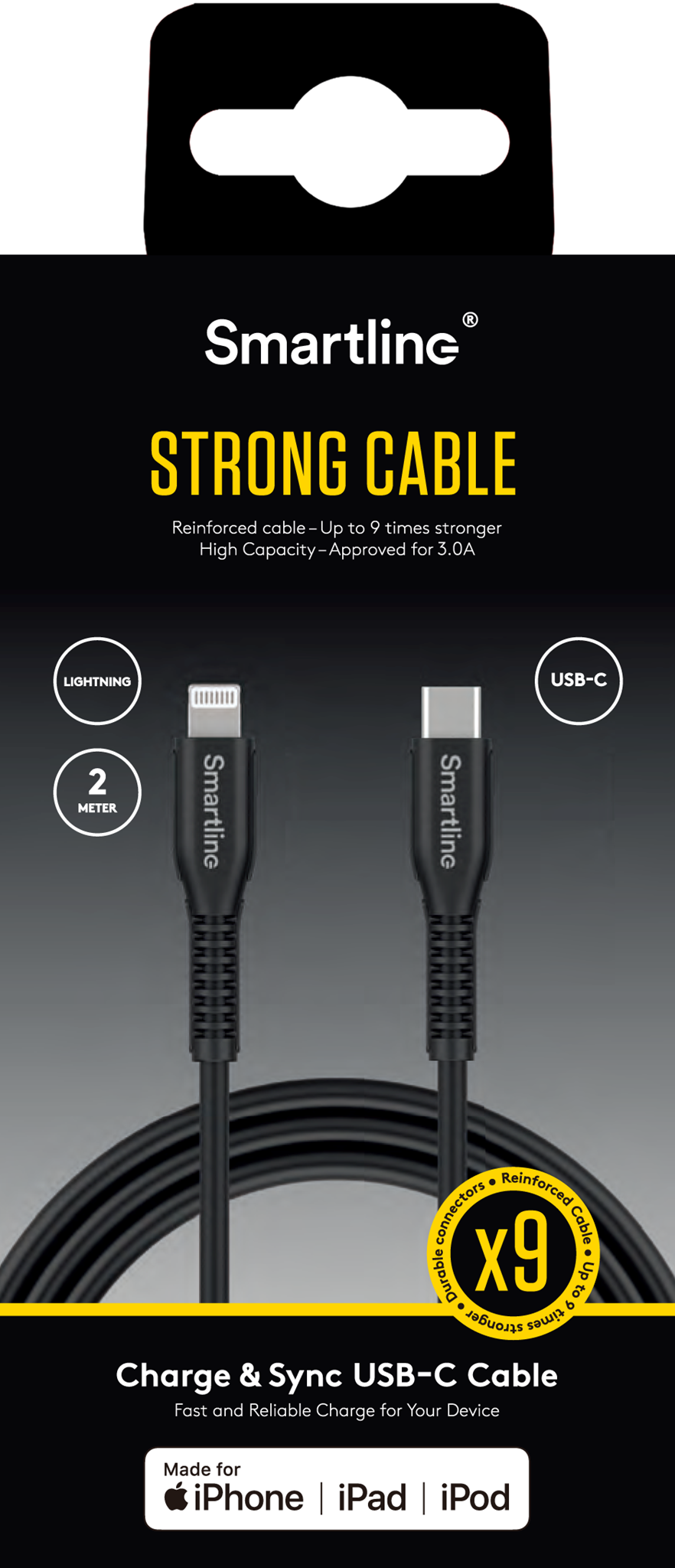 Smartline Strong 15W USB-C til Lightning-kabel 2 meter - svart