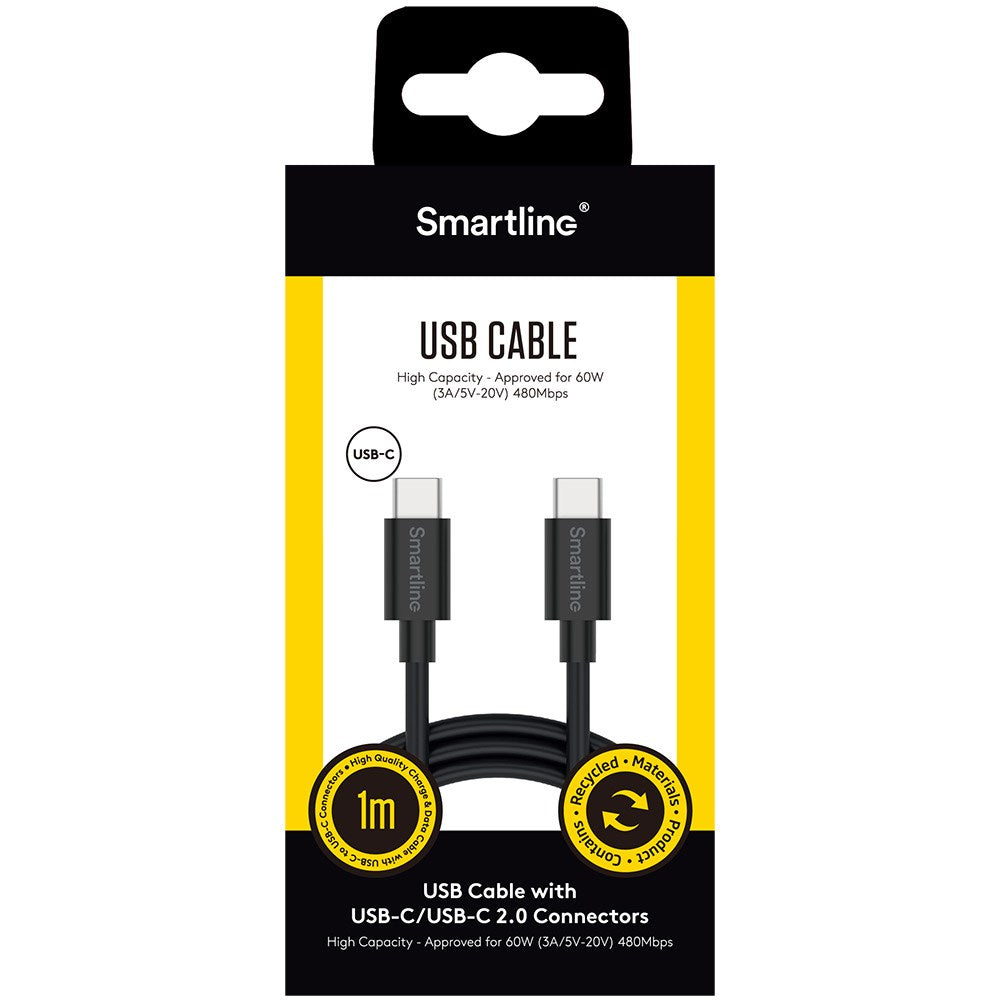 Smartline USB-C til USB-C-kabel (3A/60W) - 1 m. - Svart