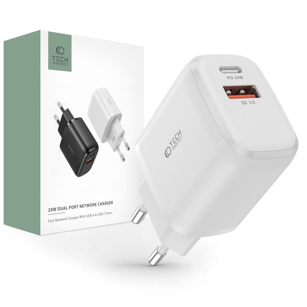 Tech-Protect Network 20W Vegglader m. 1 x USB-C og 1 x USB-A - Hvit