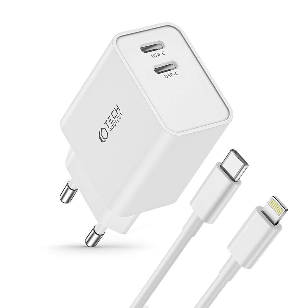 Tech-Protect Network 35W Vegglader m. 2 x USB-C & Lightning-kabel - Hvit