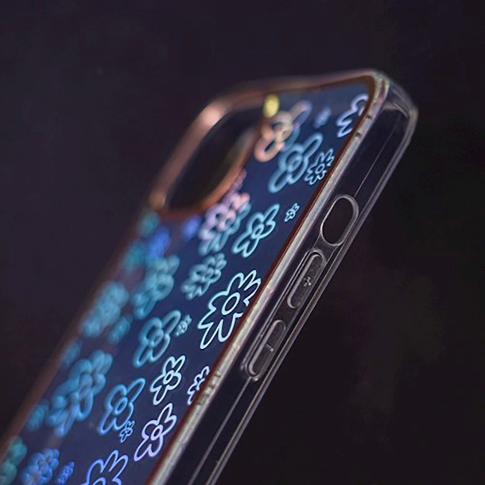 iPhone 14 Pro Hybrid Plastic Bakdeksel m. Holografisk trykk - Blomstermotiv - Gjennomsiktig