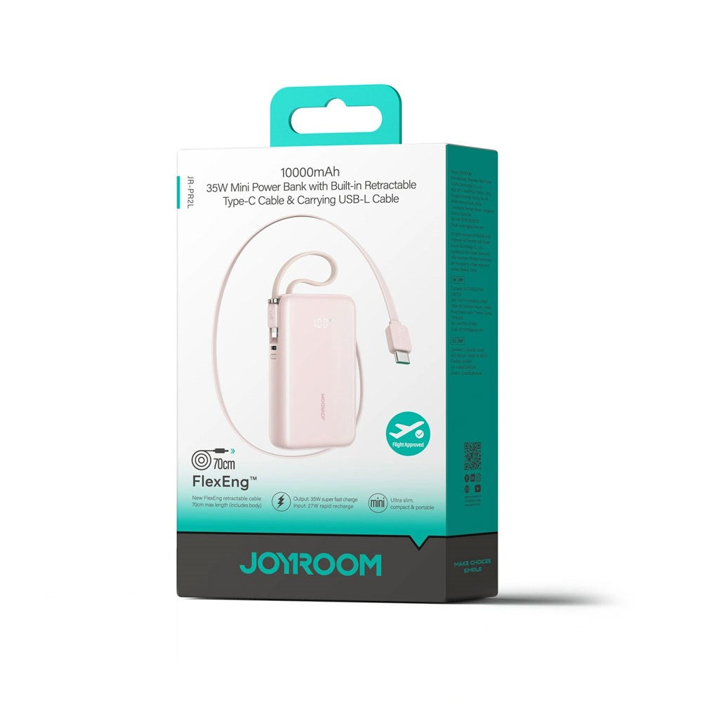 Joyroom JR-PR2L PowerBank m. USB-C Kabel & Lightning Kabel - 35W / 10.000 mAh - Lyserød
