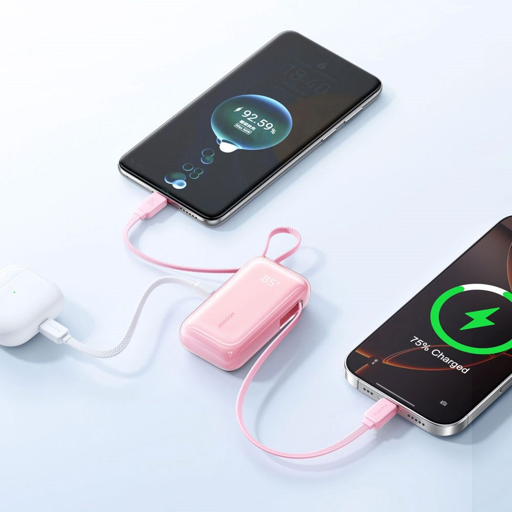 Joyroom JR-PR2L PowerBank m. USB-C Kabel & Lightning Kabel - 35W / 10.000 mAh - Lyserød