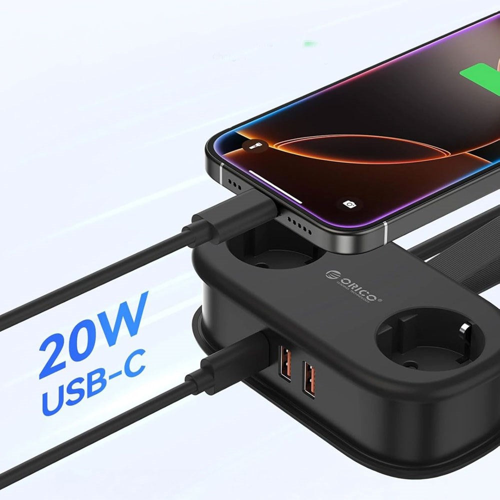 ORICO 5-i-1 Strømskinne m. 20W - 2 x Schuko - 2 x USB-A - 1 x USB-C - Sort