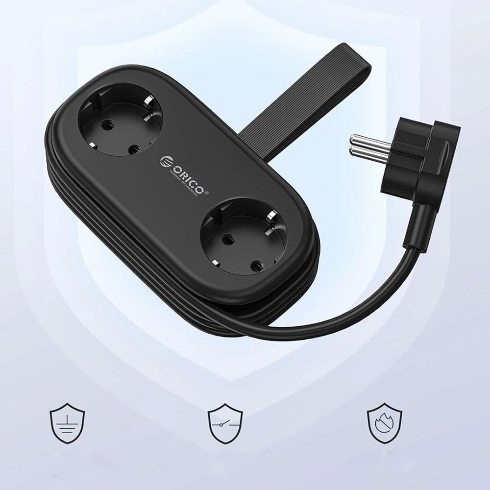 ORICO 5-i-1 Strømskinne m. 20W - 2 x Schuko - 2 x USB-A - 1 x USB-C - Sort