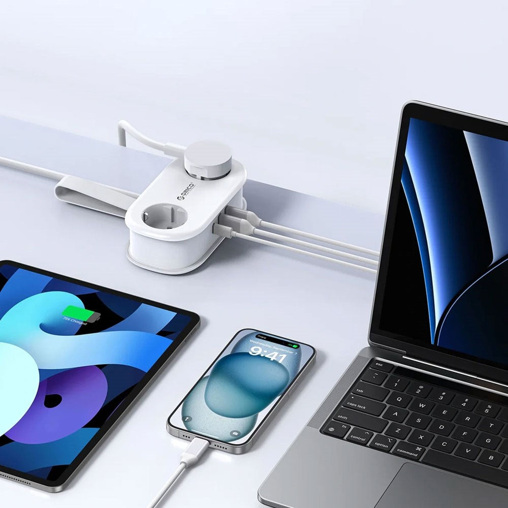 ORICO 5-i-1 Strømskinne m. 20W - 2 x Schuko - 2 x USB-A - 1 x USB-C - Hvid