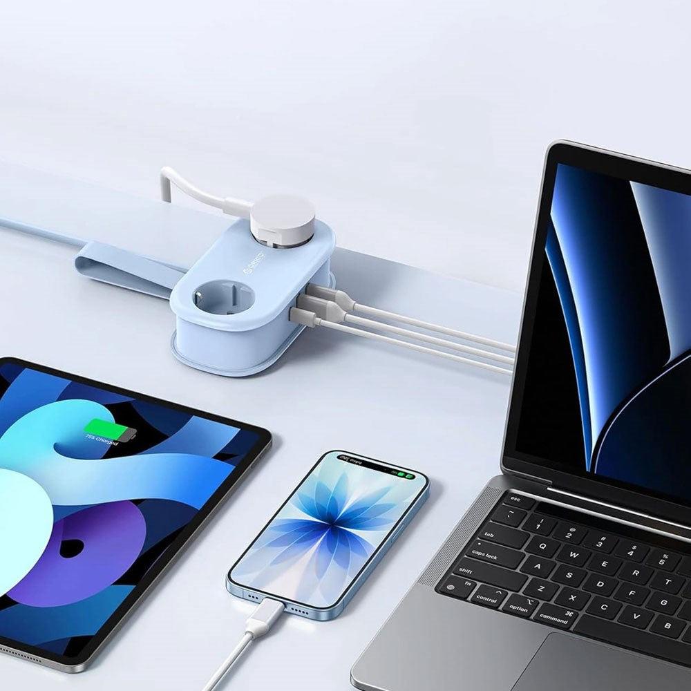 ORICO 5-i-1 Strømskinne m. 20W - 2 x Schuko - 2 x USB-A - 1 x USB-C - Blå