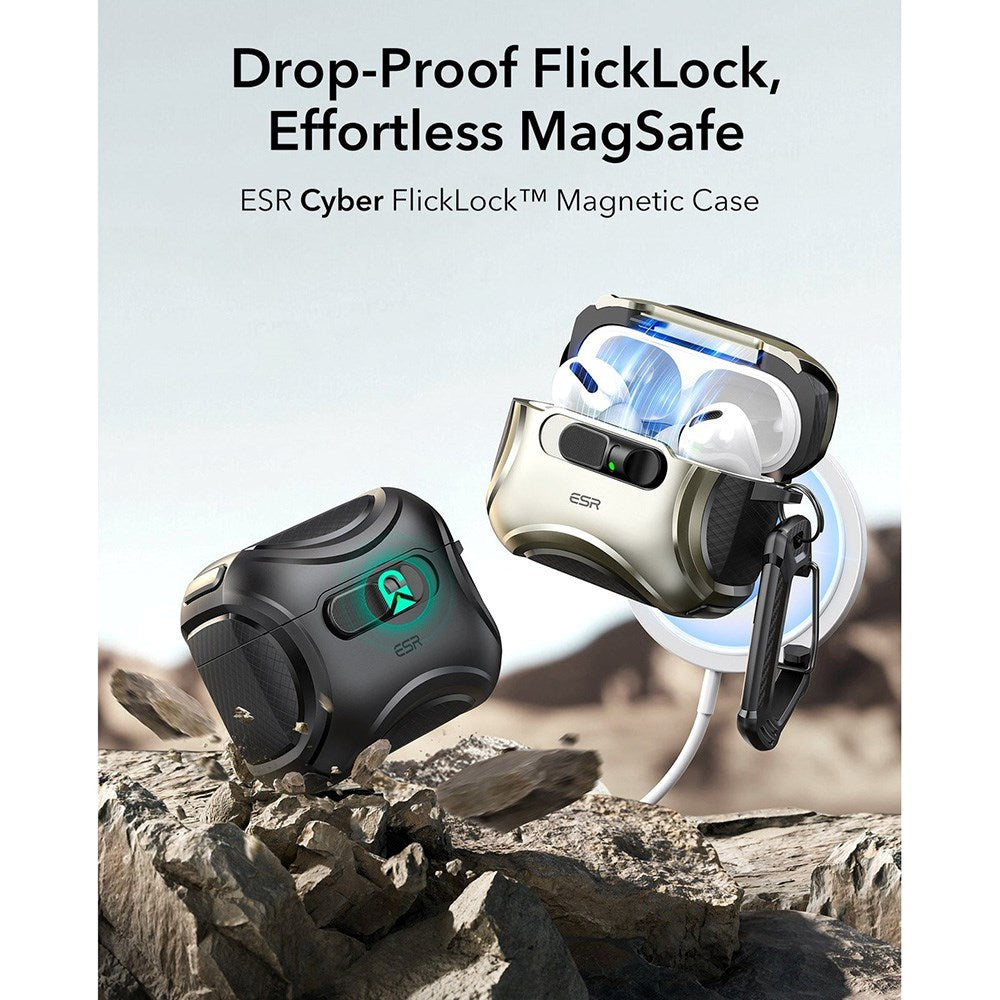 ESR AirPods Pro (3. gen.) Cyber FlickLock Case m. Karabinhage & Lås - Titanium