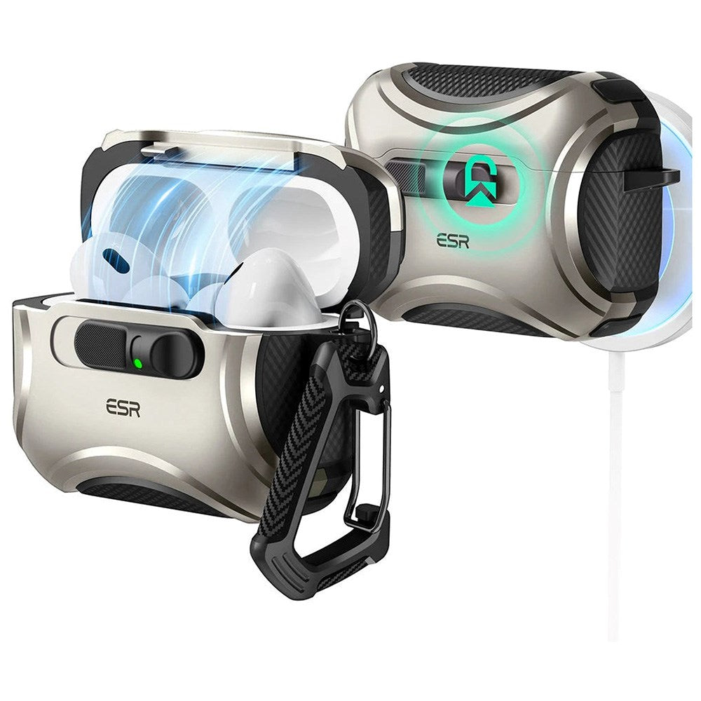 ESR AirPods Pro (3. gen.) Cyber FlickLock Case m. Karabinhage & Lås - Titanium