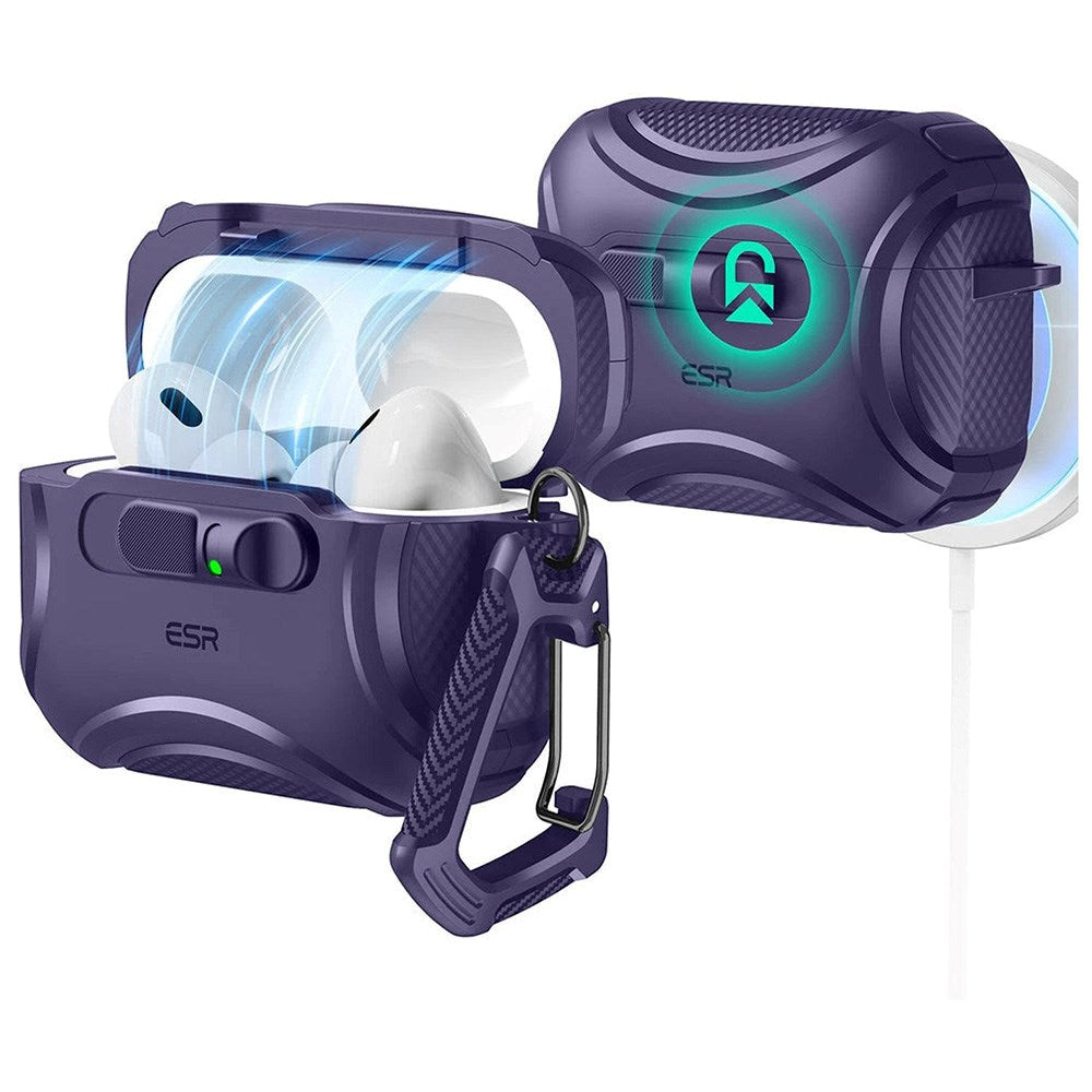 ESR AirPods Pro (3. gen.) Cyber FlickLock Case m. Karabinhage & Lås - Lilla