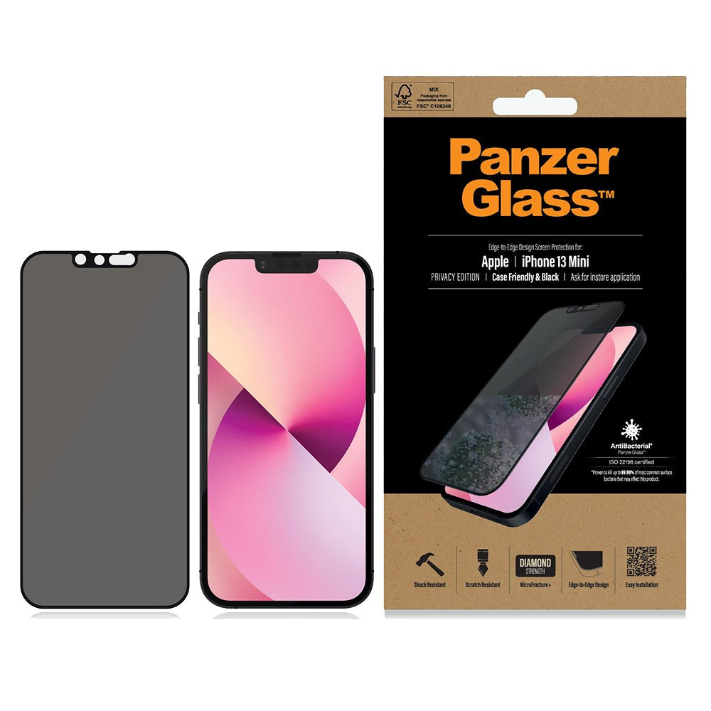 iPhone 13 Mini PanzerGlass Antibakterielt kant-til-kant beskyttelsesglass - Personvernglass - Svart kant