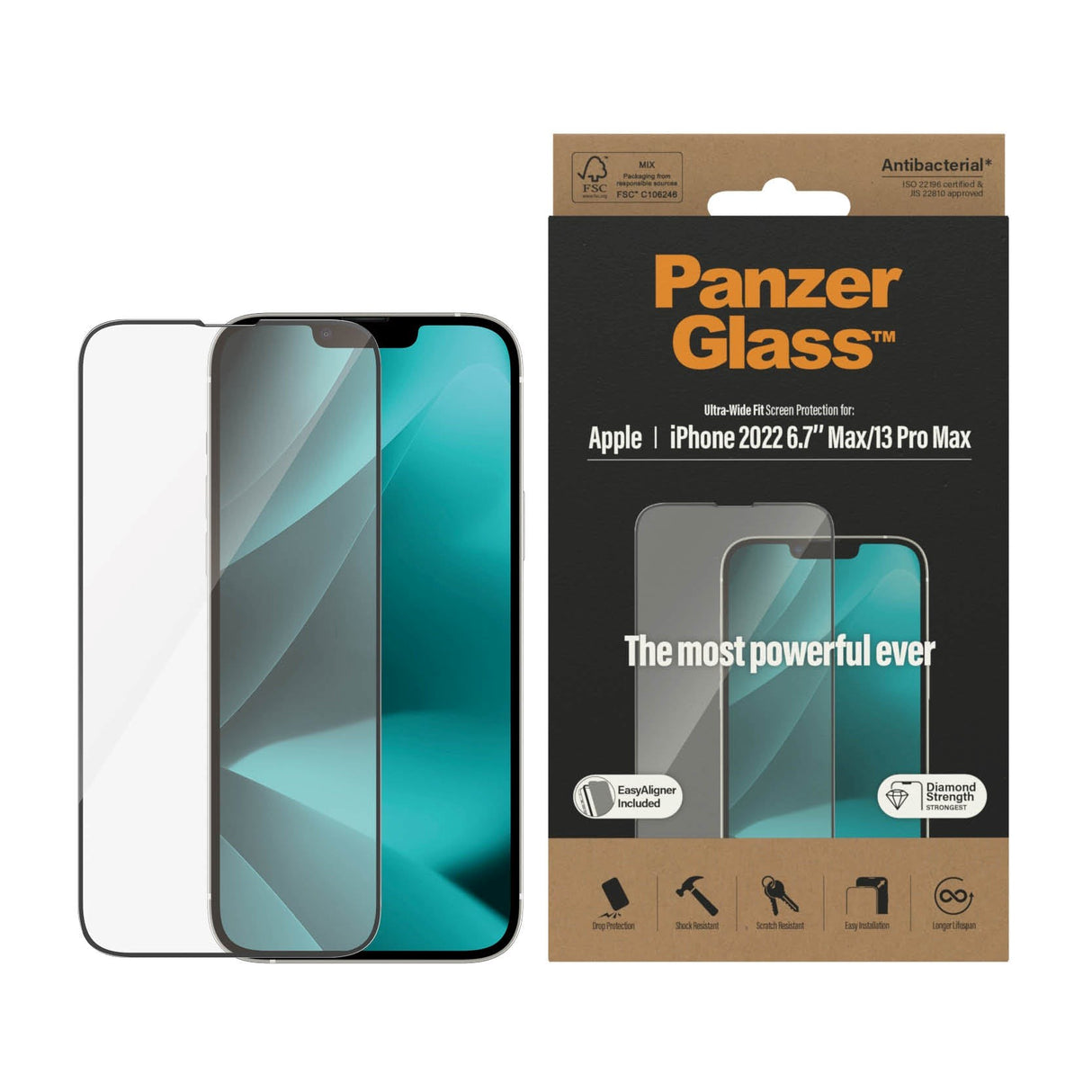 iPhone 14 Plus / 13 Pro Max PanzerGlass AntiBacterial Ultra-Wide Fit skjermbeskytter - EasyAligner - Diamantstyrke - Gjennomsiktig