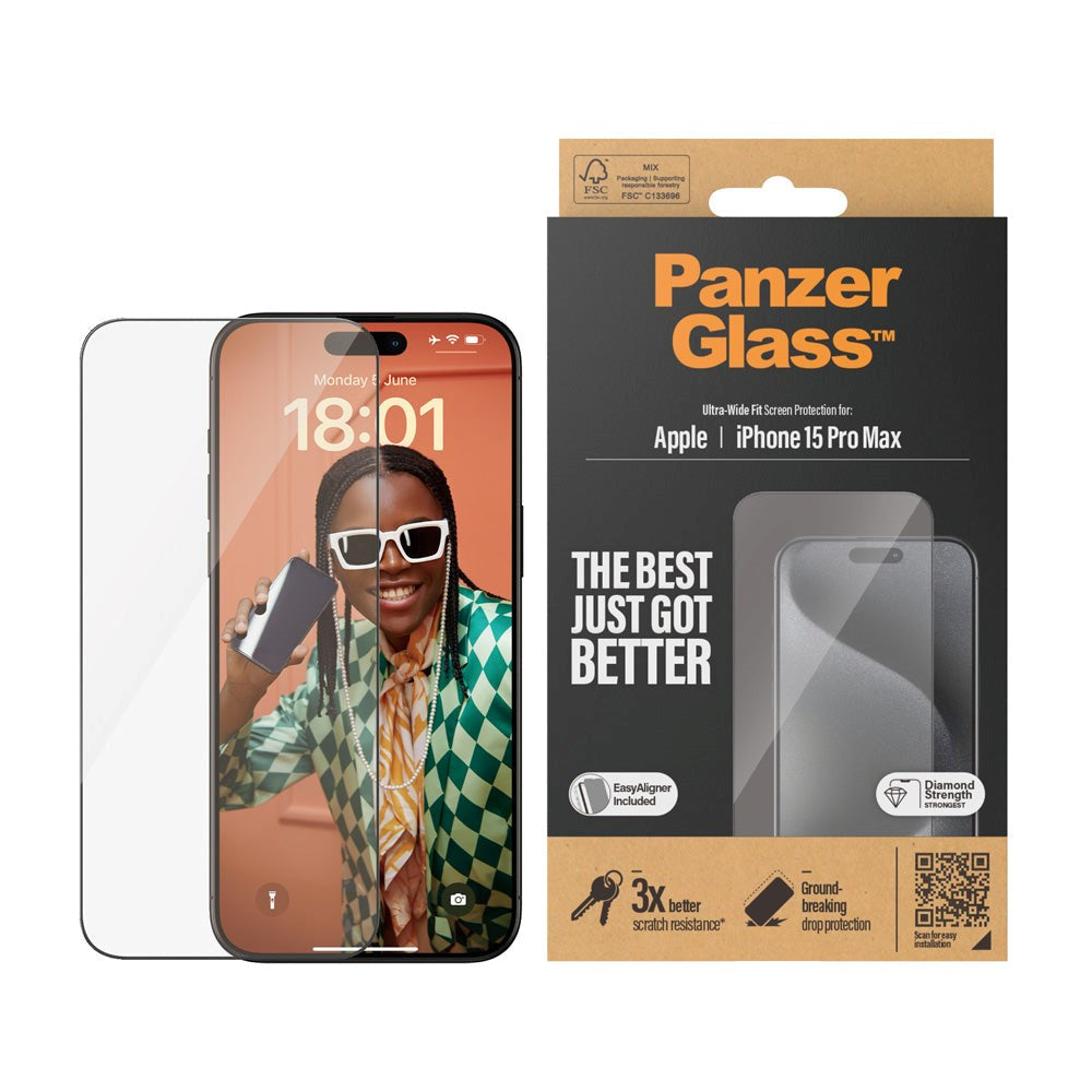 iPhone 15 Pro Max PanzerGlass Ultra Wide Fit Beskyttende glass m. EasyAligner - Diamond Strength - Transparent / Black Edge