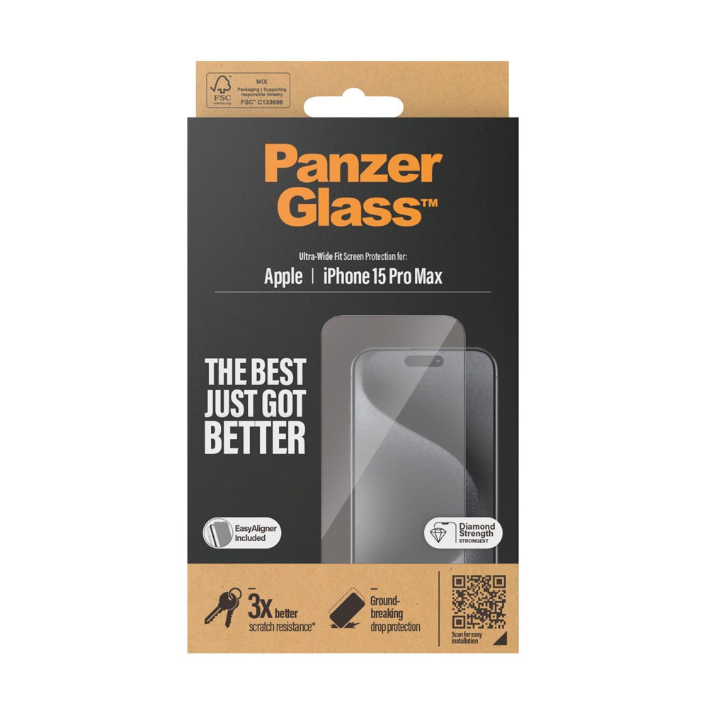 iPhone 15 Pro Max PanzerGlass Ultra Wide Fit Beskyttende glass m. EasyAligner - Diamond Strength - Transparent / Black Edge
