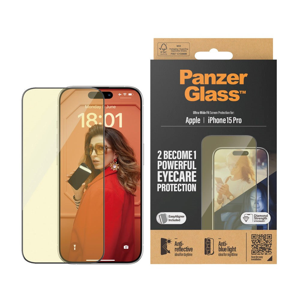 iPhone 15 Pro PanzerGlass Ultra Wide Fit skjermbeskytter m. EasyAligner - Anti-reflekterende - Anti-blått lys - Diamantstyrke - Gjennomsiktig / svart kant