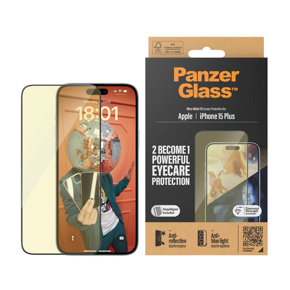 iPhone 15 Plus PanzerGlass Ultra Wide Fit beskyttelsesglass m. EasyAligner - Anti-reflekterende - Anti-blått lys - Diamantstyrke - Gjennomsiktig / svart kant