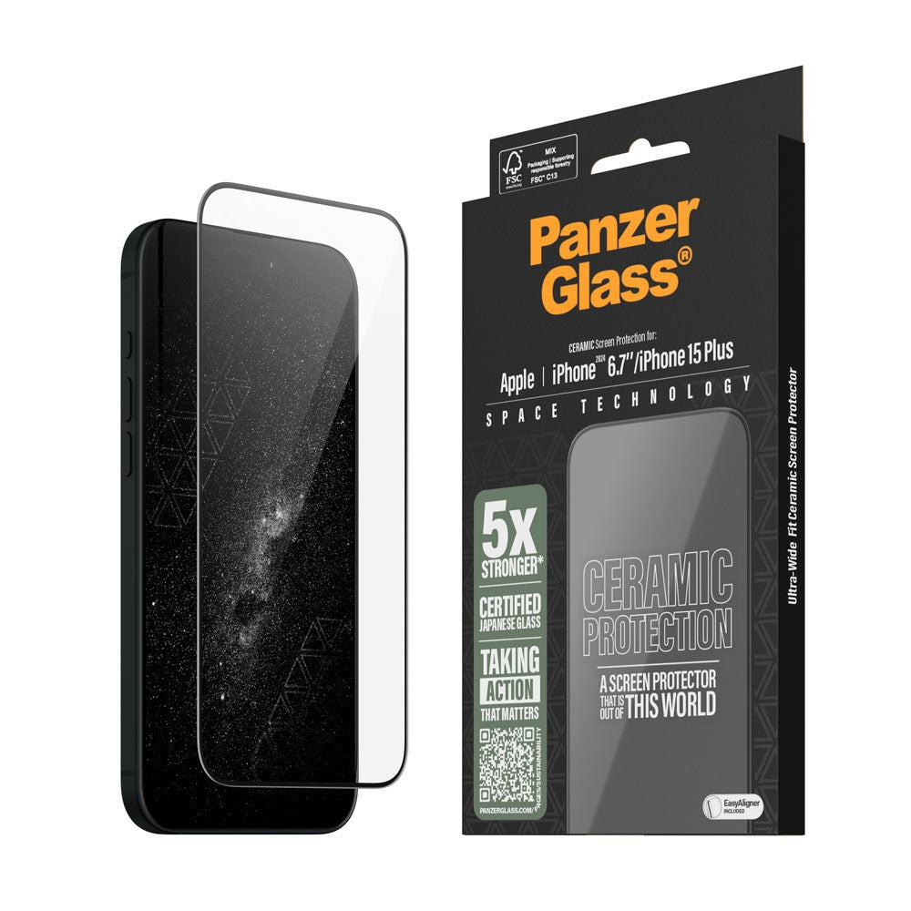 iPhone 15 Plus / 16 Plus PanzerGlass Ultra Wide Fit Ceramic Beskyttelsesglas m. EasyAligner - Sort Kant