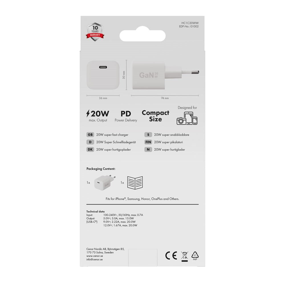 X2O Vægoplader m. 1x USB-C - 20W - Hvid