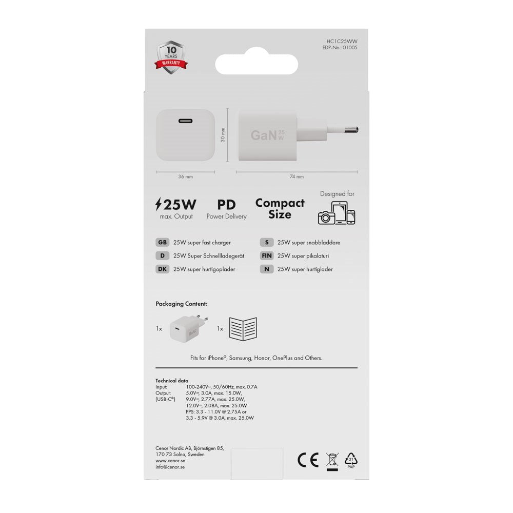 X2O Vægoplader m. 1x USB-C - 25W - Hvid