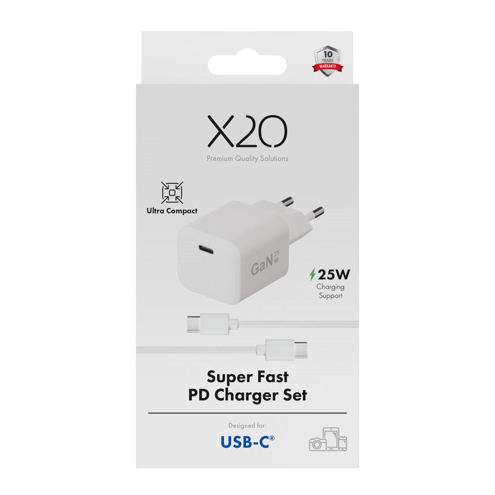 X2O Vægoplader m. 1x USB-C & 1x USB-C Kabel - 1.2m / 25W - Hvid