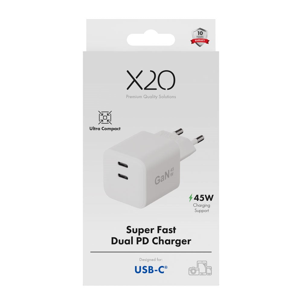 X2O GaN Vægoplader m. 2x USB-C - 45W - Hvid