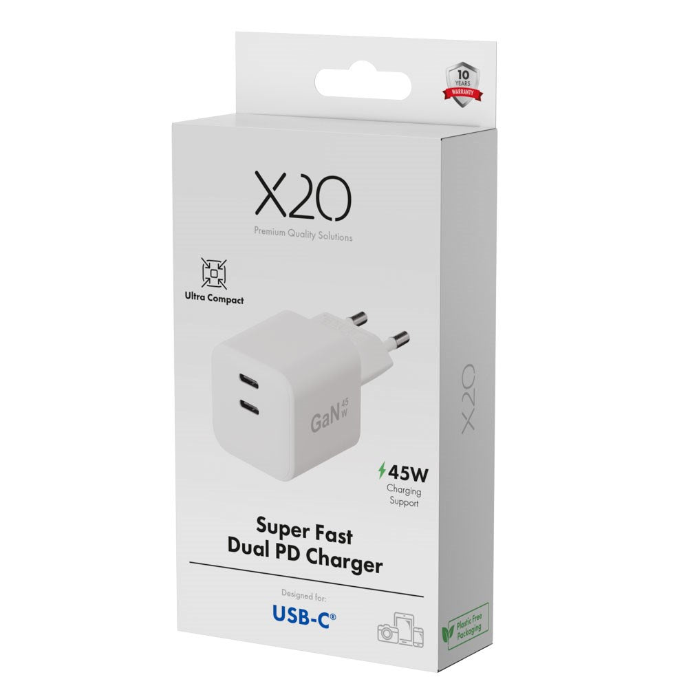 X2O GaN Vægoplader m. 2x USB-C - 45W - Hvid