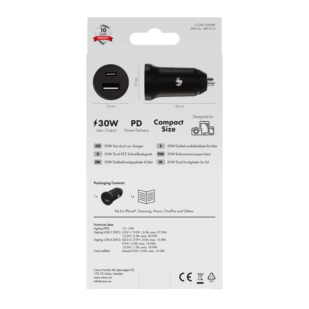 X2O Dobbelt Biloplader USB-A & USB-C / 30W - Sort