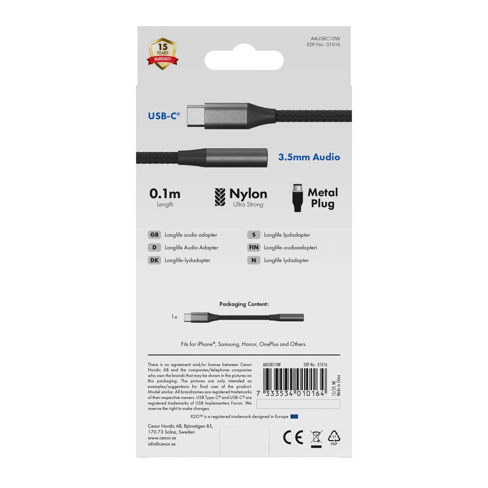 X2O Longlife USB-C til Minijack Lyd Adapter - 0.1m - Sort