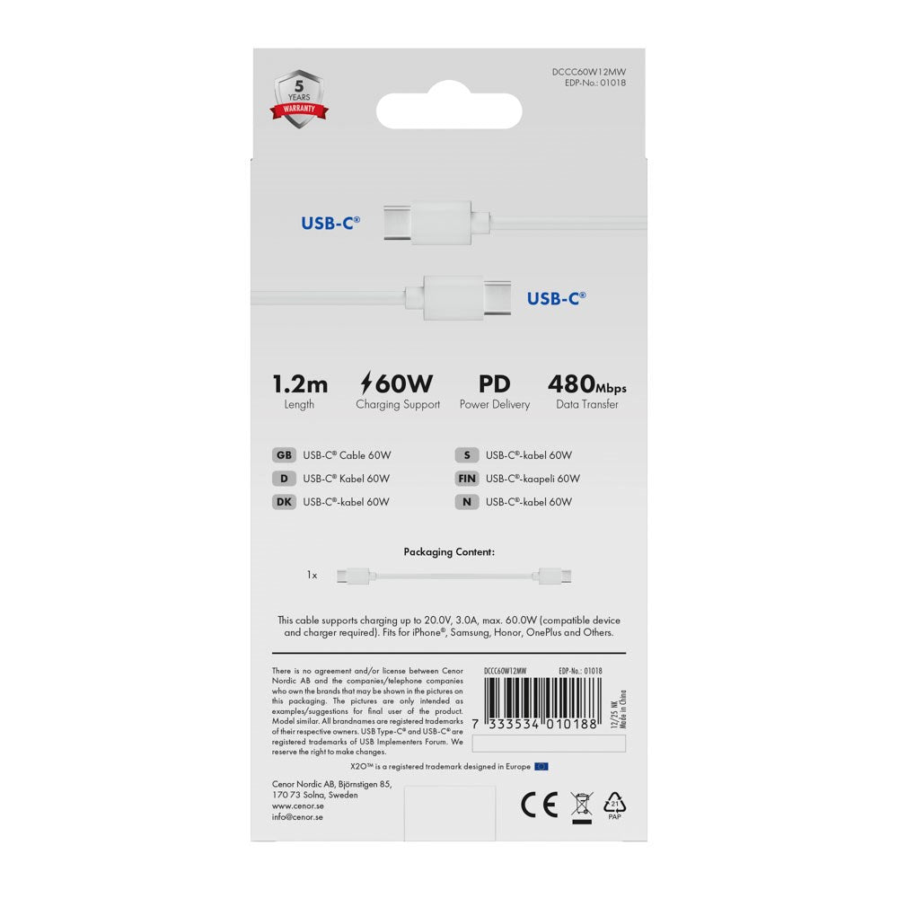 X2O Basic USB-C til USB-C Kabel - 1.2m / 60W - Hvid