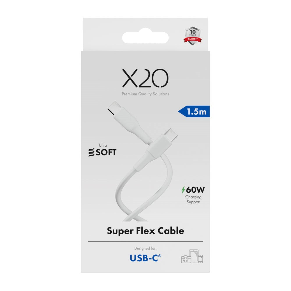 X2O Superflex USB-C til USB-C Kabel - 1.5m / 60W - Hvid