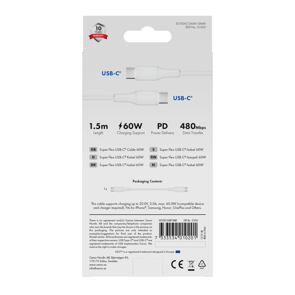 X2O Superflex USB-C til USB-C Kabel - 1.5m / 60W - Hvid